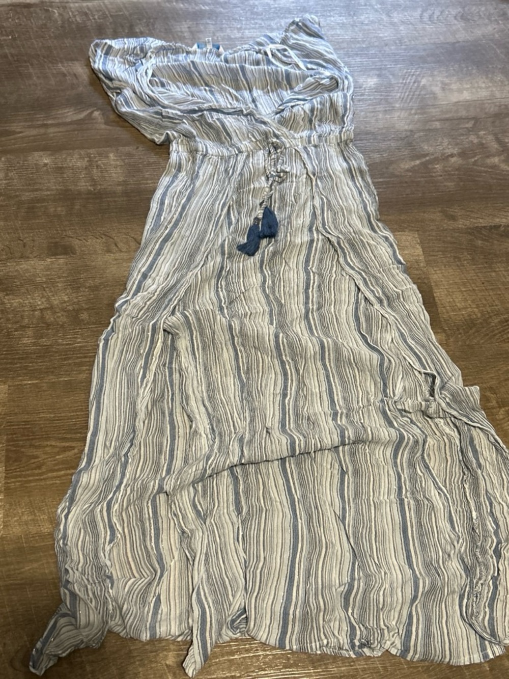 blue island Blue and White Striped Maxi Dress with Tassel Tie